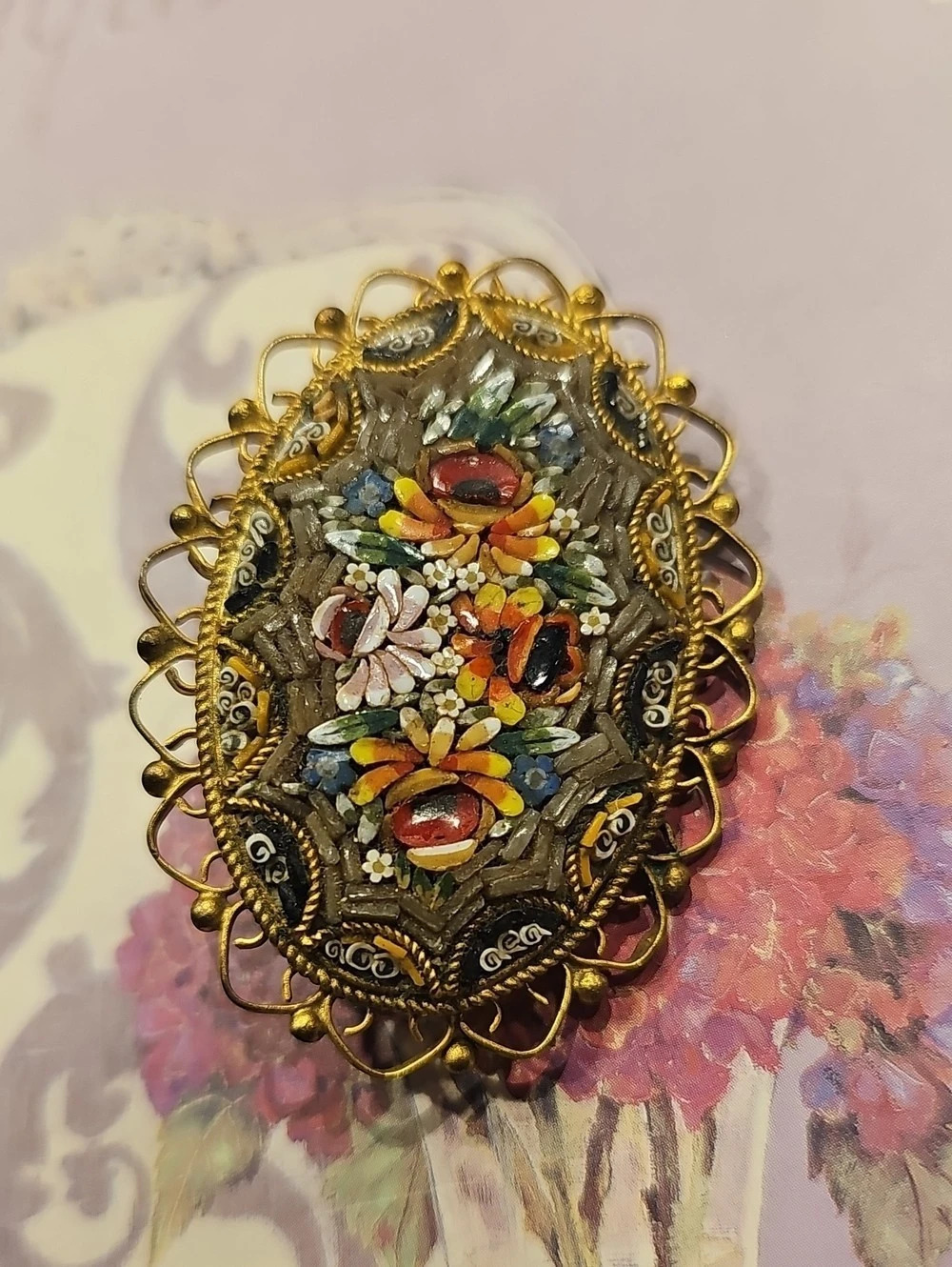 1950s Italian Mosaic Oval Brooch 2inches